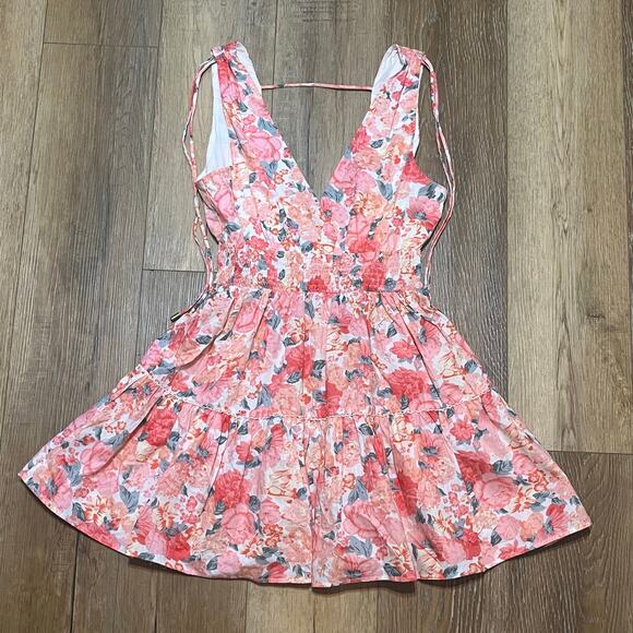 Hello Molly Sandy Shores Mini Dress M Pink Floral Smocked Waist Open Back Preppy - Picture 6 of 10